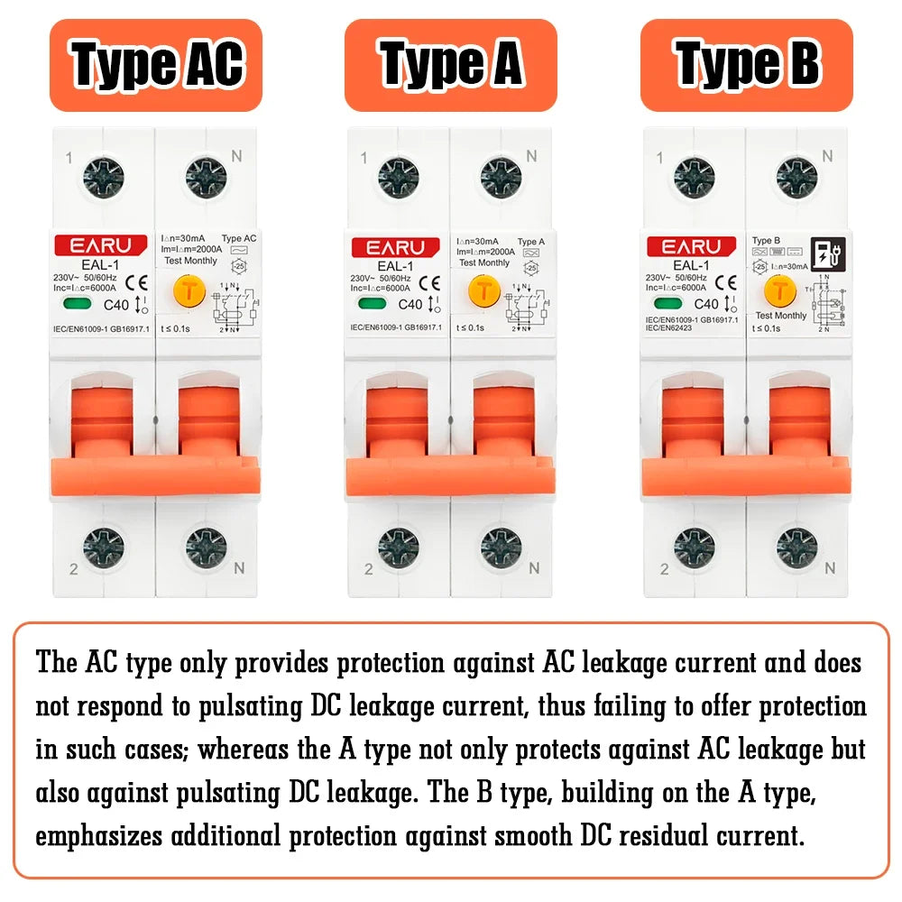 2P 30mA Type AC A B RCBO RCCB MCB Electronic Residual Current Circuit Breaker Over Short Current Leakage Protection EV Charger