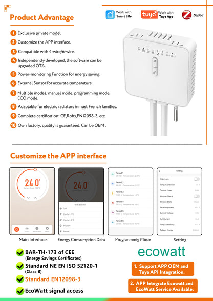 Tuya ZigBee Smart Thermostat For Pilot Wire Heating Radiator Support Ecowatt Electricity Monitoring Remote Control Alexa Google