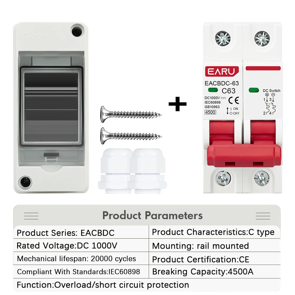 2P DC 1000V 6A-63A MCB 2 Way HT-2 1 In 1 Out Solar Photovoltaic PV Combiner Box Circuit Breaker Waterproof Distribution Box IP65