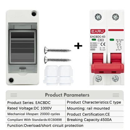 2P DC 1000V 6A-63A MCB 2 Way HT-2 1 In 1 Out Solar Photovoltaic PV Combiner Box Circuit Breaker Waterproof Distribution Box IP65
