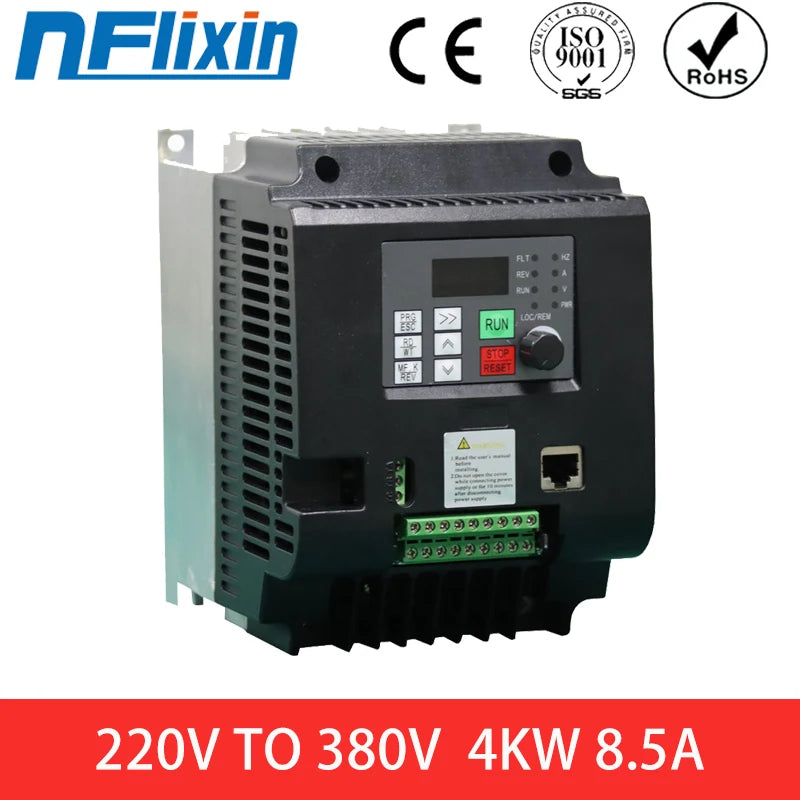 VFD Frequency Inverter for Motors, 1 Phase 220V In, 3 Phase 380V Out, Powers 5.5KW/7.5KW, 50hz or 60hz AC