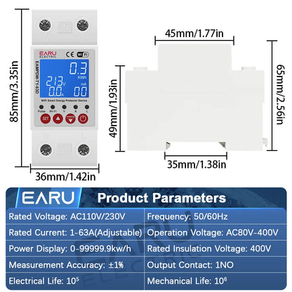 Tuya WiFi Smart Bidirectional Energy Meter Power kWh Meter Earth Leakage Over Under Voltage Protector Timer Relay Switch Breaker