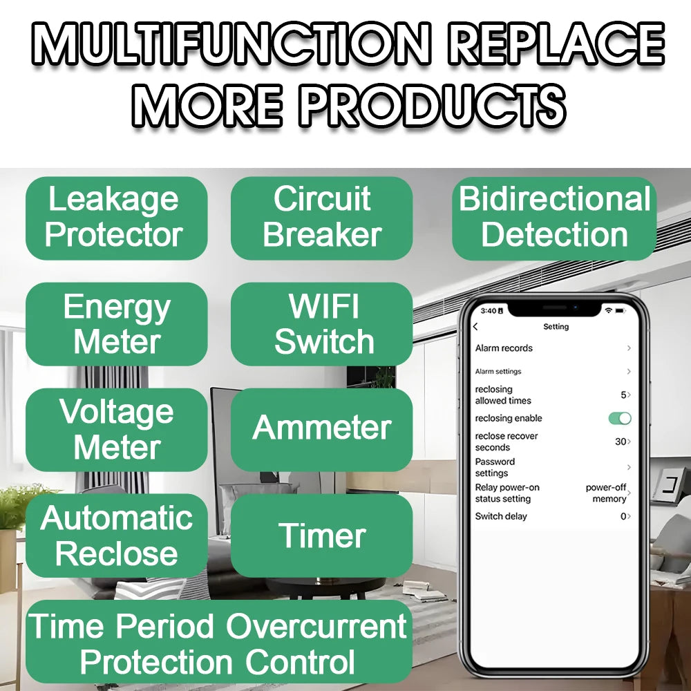 Tuya WiFi Smart Bidirectional Energy Meter Power kWh Meter Earth Leakage Over Under Voltage Protector Timer Relay Switch Breaker