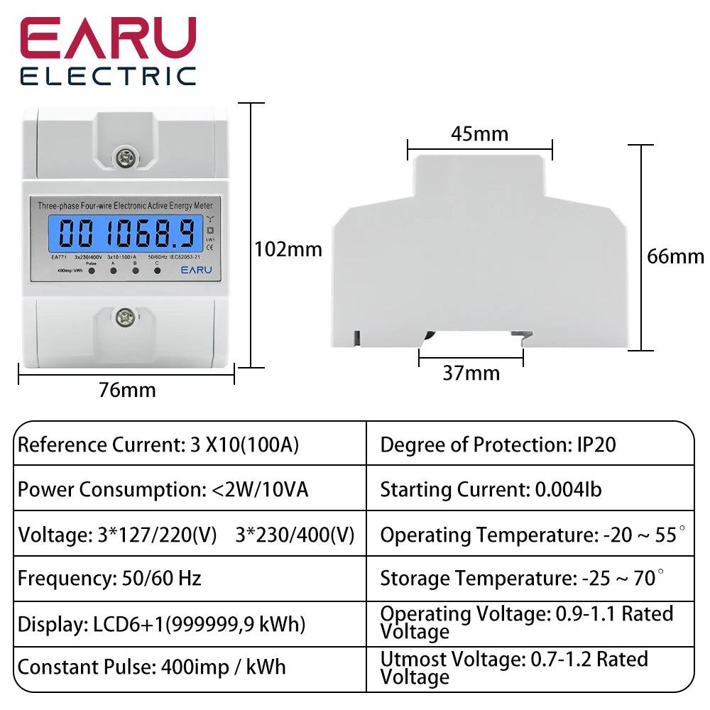 Din Rail AC 230 380V 3 Phase 4 Wire Energy Meter Power Consumption Monitor kWh Meter Wattmeter Bivolt 100A 50/60Hz LCD Backlight