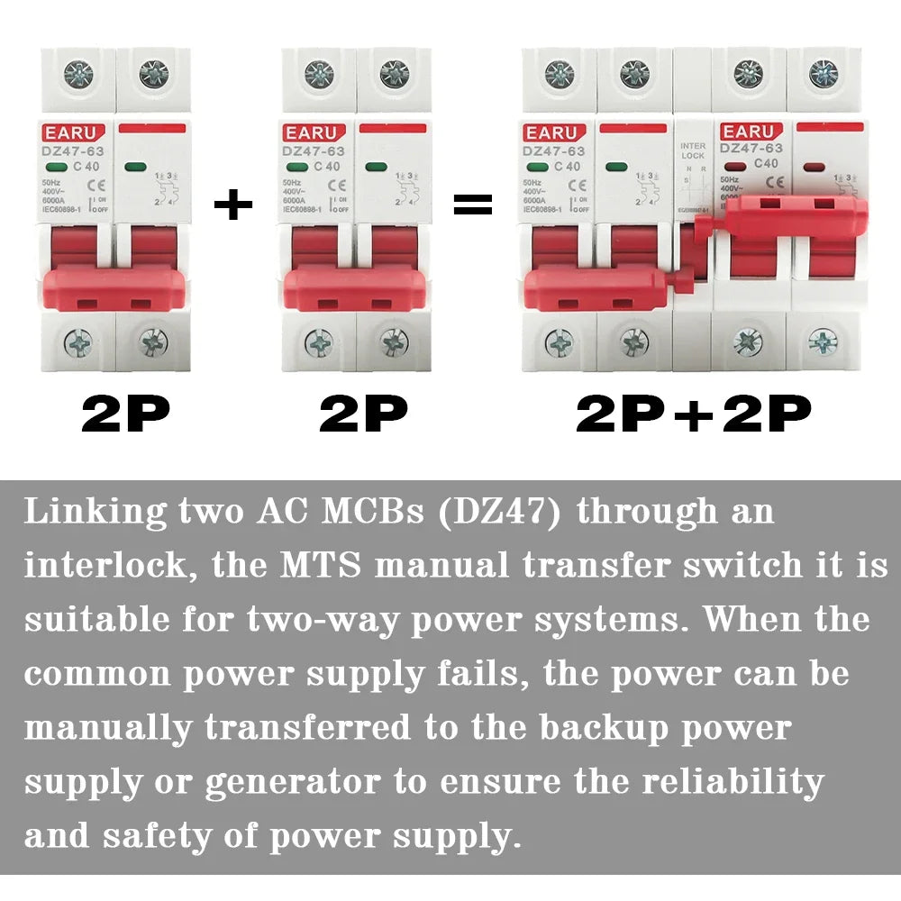 2P+2P MTS AC 400V Dual Power Manual Transfer Interlock Circuit Breaker Din Rail Isolating Discounnecting Switch MCB 16A 40A 63A