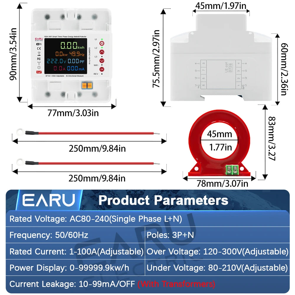 Three Phase Tuya WiFi Smart Bidirectional Energy Power kWh Meter Leakage Over Under Voltage Protector Relay Switch Current Limit