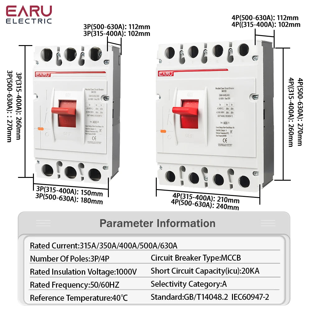 3P 4P AC 400V 100A-630A MCCB Solar Moulded Case Circuit Breaker Overload Protection Switch Protector for Solar PV Photovoltaic