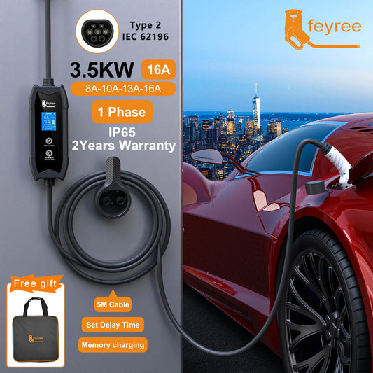 feyree EV Charger Type2 3.5KW 16A Portable Charging Box Set Current and Set Delay Time 5M Cable for Electric Vehicle Car Charger by 54 Energy - Renewable Energy Store
