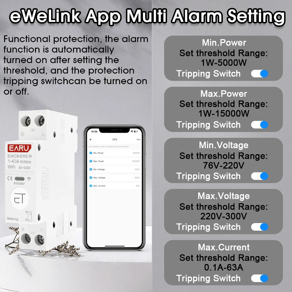 Tuya eWeLink WiFi Smart Circuit Breaker MCB 1P+N 63A Time Relay Switch Energy Meter kWh Voltage Current Protector Remote Control