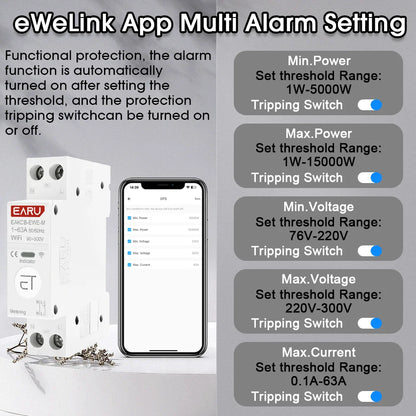 Tuya eWeLink WiFi Smart Circuit Breaker MCB 1P+N 63A Time Relay Switch Energy Meter kWh Voltage Current Protector Remote Control