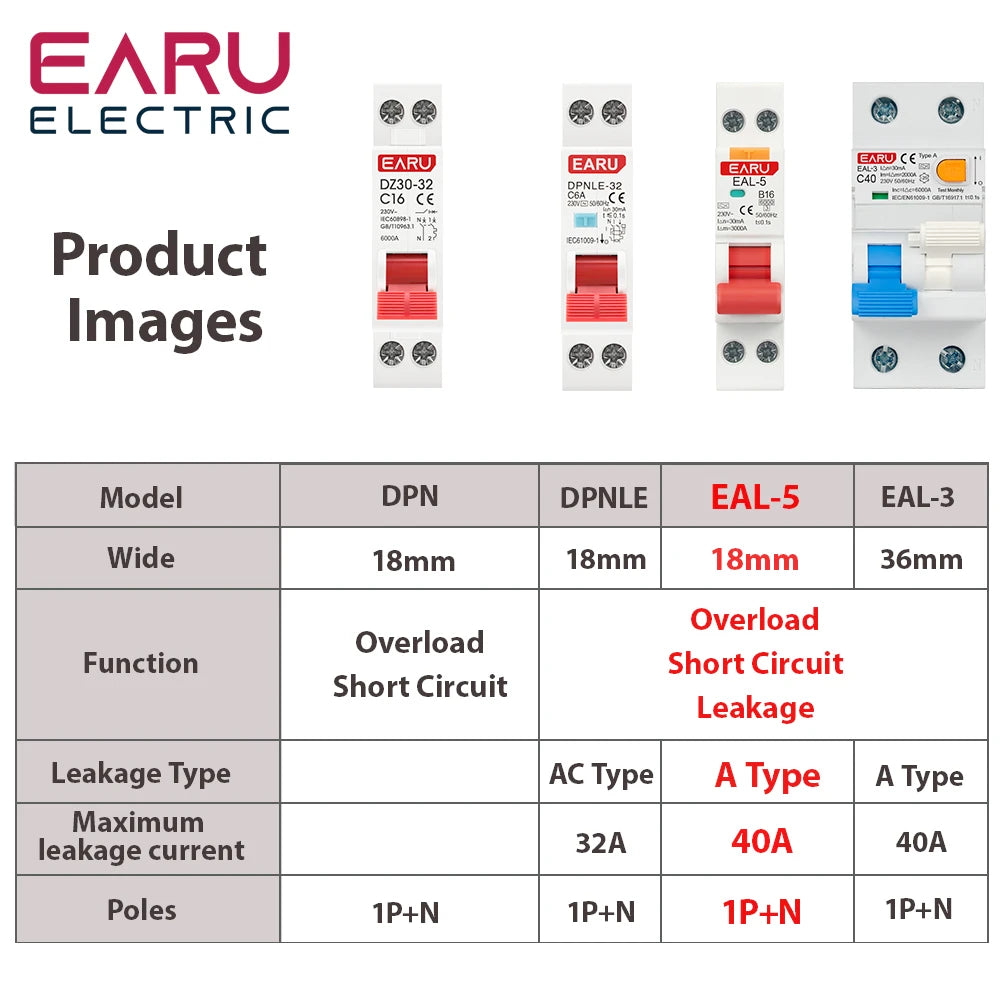 18MM 1P+N AC 230V Type A 6A-40A B C Curve RCBO MCB Residual Current Circuit Breaker Over Short Current 30mA Leakage Protection