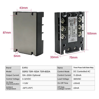 TSR  SSR-10DA SSR-40DA SSR 25A 60A 80A 100A Three Phase SSR Solid State Relay DC Control AC 480V 5-32V Input Aluminum Heatsink