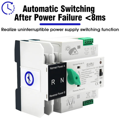 Din Rail ATS for PV and Inverter Dual Power Automatic Transfer Selector Switches Uninterrupted Power 2P 4P AC 110V AC 230V 125A