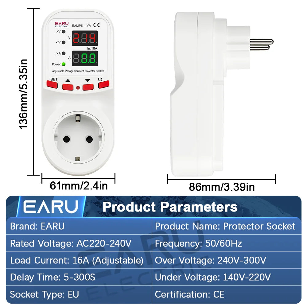 Automatic Voltage Surge Current Limiter Protector EU Socket Plug Adjustable 16A AC 230V 50/60Hz Power Energy Monitor kWh Meter