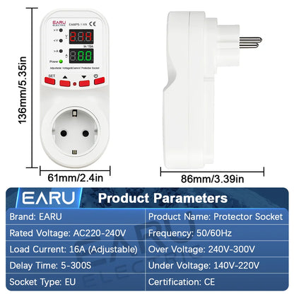 Automatic Voltage Surge Current Limiter Protector EU Socket Plug Adjustable 16A AC 230V 50/60Hz Power Energy Monitor kWh Meter