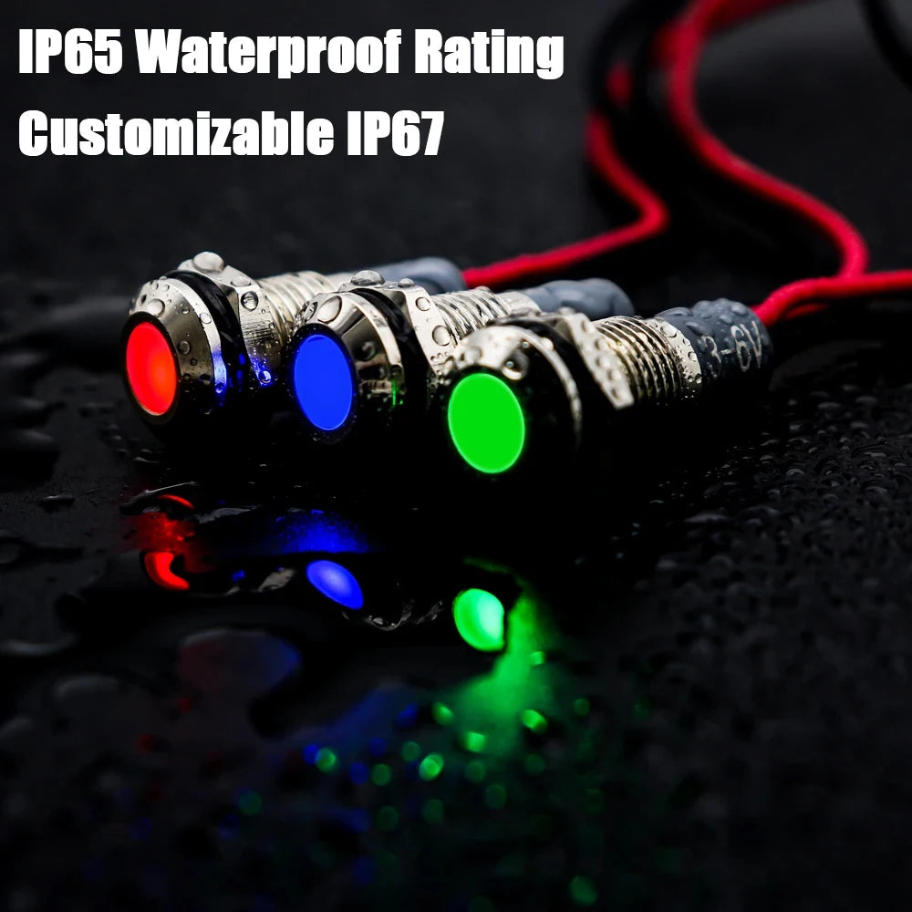 6mm 8mm 10mm 12mm 14mm Warning LED Metal Indicator Light Pilot Wires Switch Waterproof IP65 Signal Lamp 5/12/24/220V Red Green