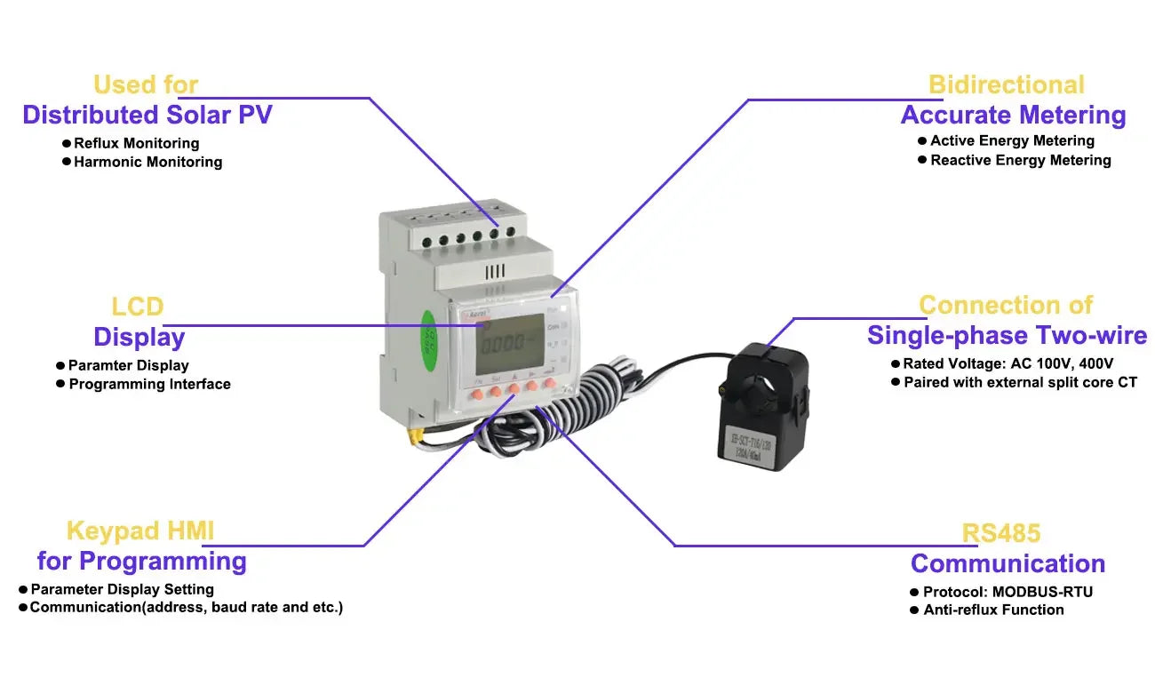 Acrel ACR10R-D16 Bidirectional Single Phase Energy Meter with 120A Split Core Ct RS485 Modbus-RTU for Solar Solis Inverter by 54 Energy - Renewable Energy Store