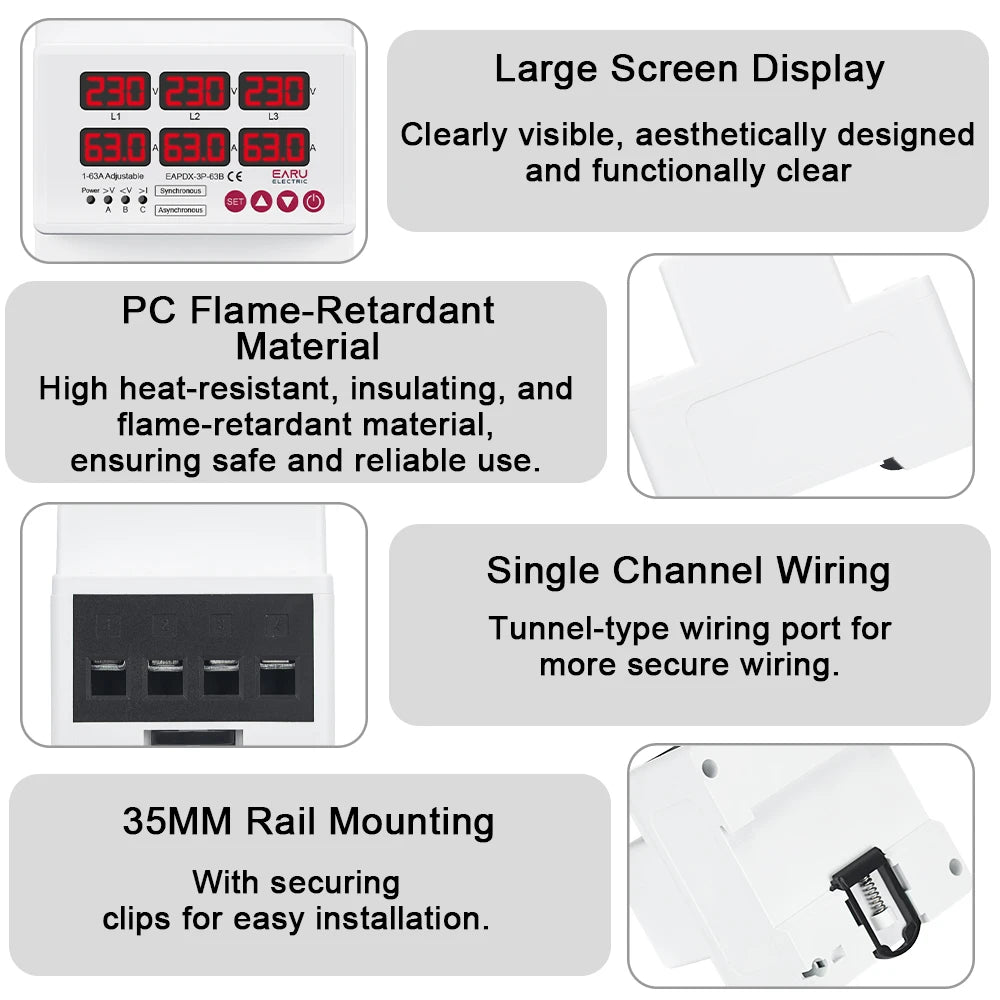 Three Phase Voltage Current Adjustable Over Under Voltage Current Limit Protection Relay Protector 63A 100A with Automatic Reset