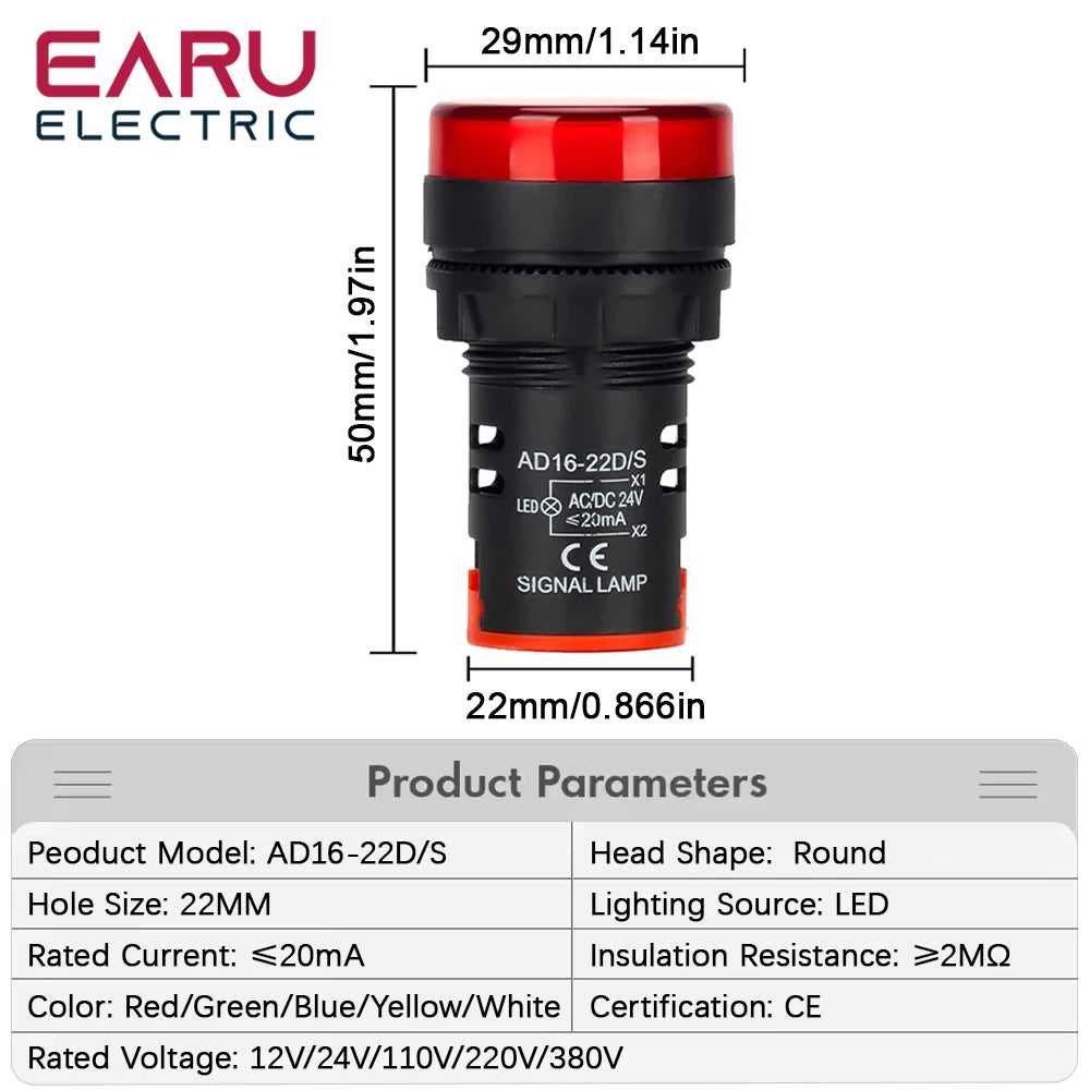 22MM Panel LED Power Electronic Indicator Pilot Signal Light Lamp AC DC 12V 24V 110V 220V 380V Red Green Yellow Blue White LED