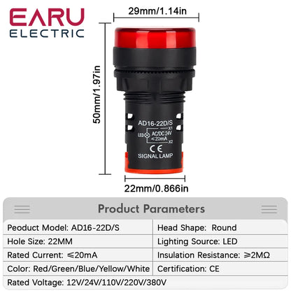 22MM Panel LED Power Electronic Indicator Pilot Signal Light Lamp AC DC 12V 24V 110V 220V 380V Red Green Yellow Blue White LED