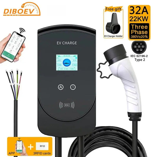 EV Charger Type 2 IEC62196-2 Plug 22KW 32A 3Phase with App Version Wallbox Charging Station 5M Cable Electric Vehicle Car - 54 Energy - Renewable Energy Store