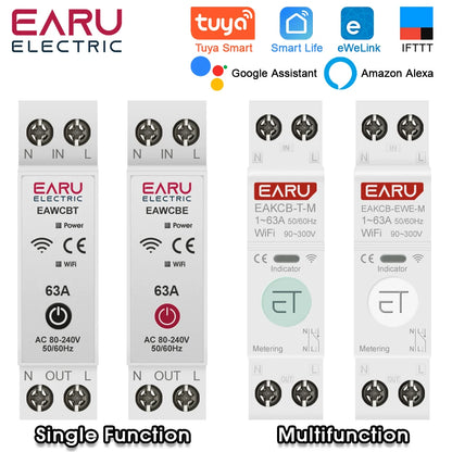 Tuya eWeLink WiFi Smart Circuit Breaker MCB 1P+N 63A Time Relay Switch Energy Meter kWh Voltage Current Protector Remote Control