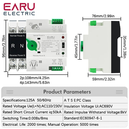 Din Rail ATS for PV and Inverter Dual Power Automatic Transfer Selector Switches Uninterrupted Power 2P 4P AC 110V AC 230V 125A