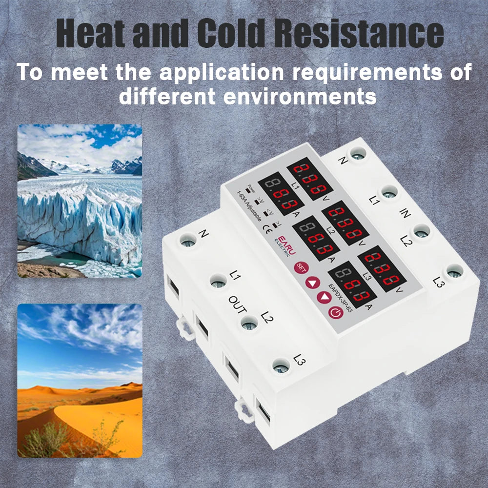 Three Phase Voltage Current Adjustable Over Under Voltage Current Limit Protection Relay Protector 3*220V 380V 63A 100A Din Rail