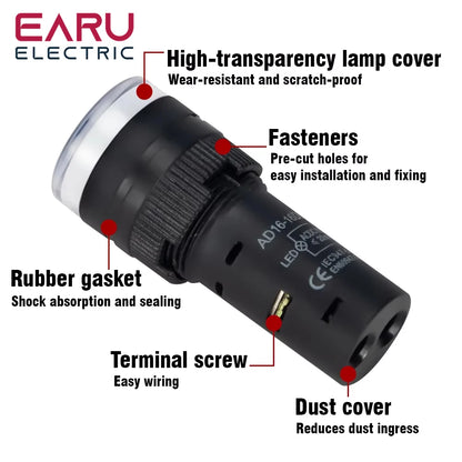 16MM Panel LED Power Electronic Indicator Pilot Signal Light Lamp AC DC 12V 24V 110V 220V 380V Red Green Yellow Blue White LED