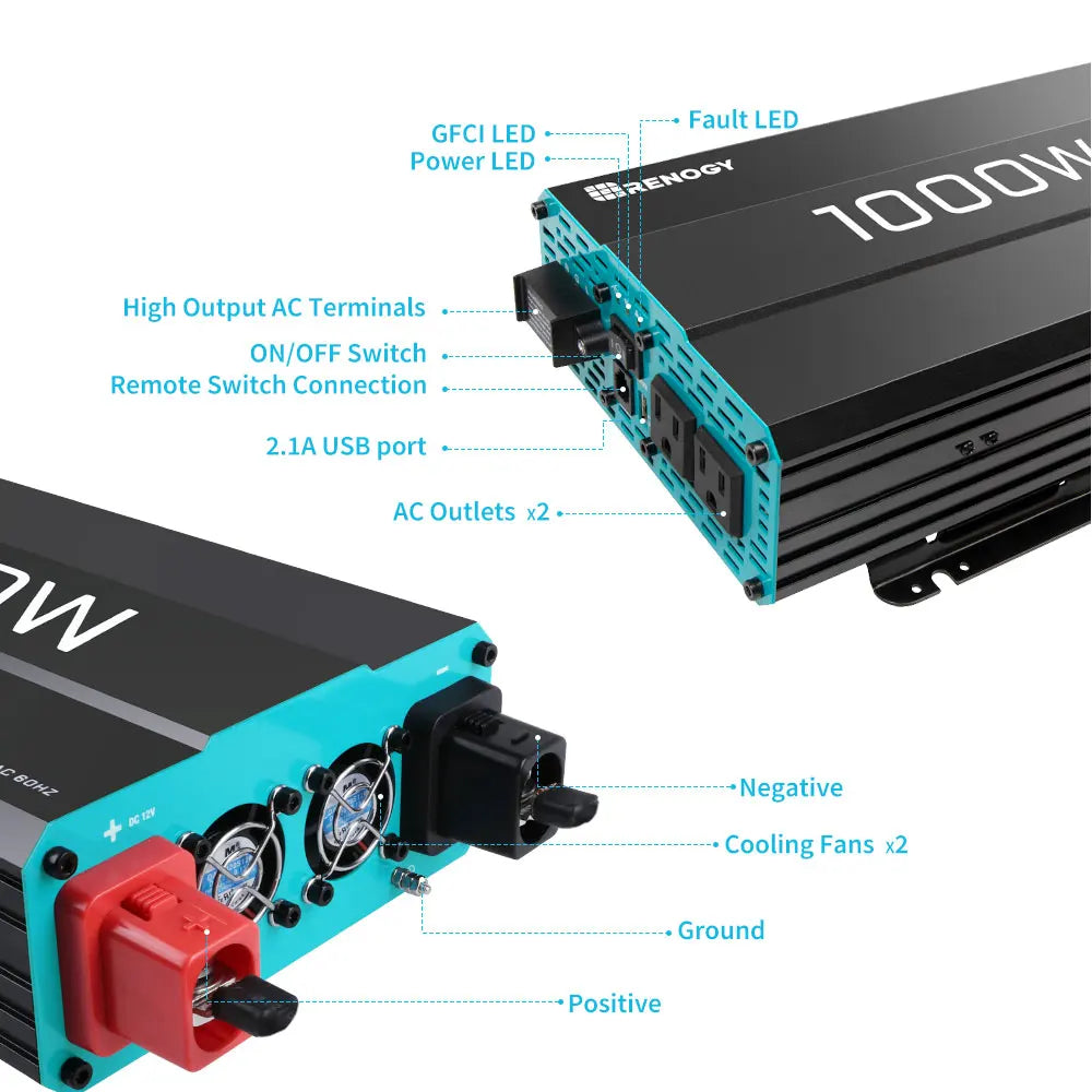 1000W Pure Sine Wave Inverter 12V DC to 120V AC Converter