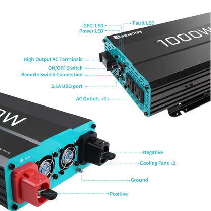 1000W Pure Sine Wave Inverter 12V to 240V AC Remote Control USB Port