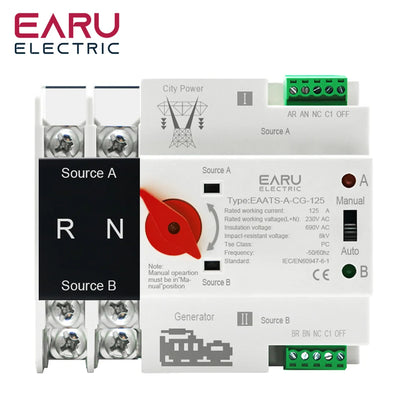 Single Phase Din Rail 2P 125A AC 230V Mini ATS Dual Power Automatic Transfer Electrical Selector Switches Uninterrupted Power