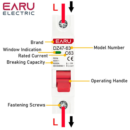 1P AC 230/400V MCB DZ47 Type C Circuit Breaker Overload Protection Short Circuit Protection Small Household Main Switch Din Rail