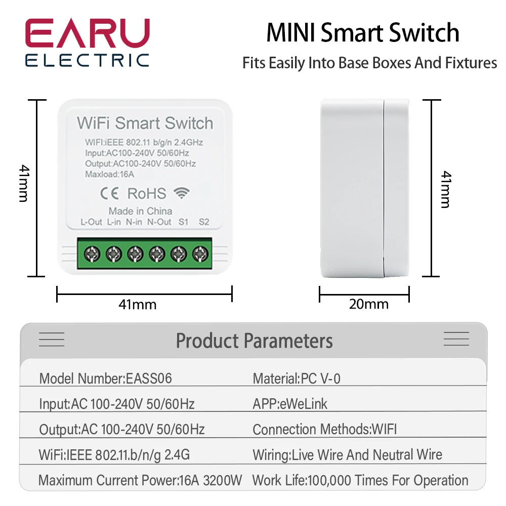 eWeLink 16A 2 Way Mini WiFi Smart Switch Breaker Module Voice Wireless Control for Smart Home eWeLink App Alexa Google Home