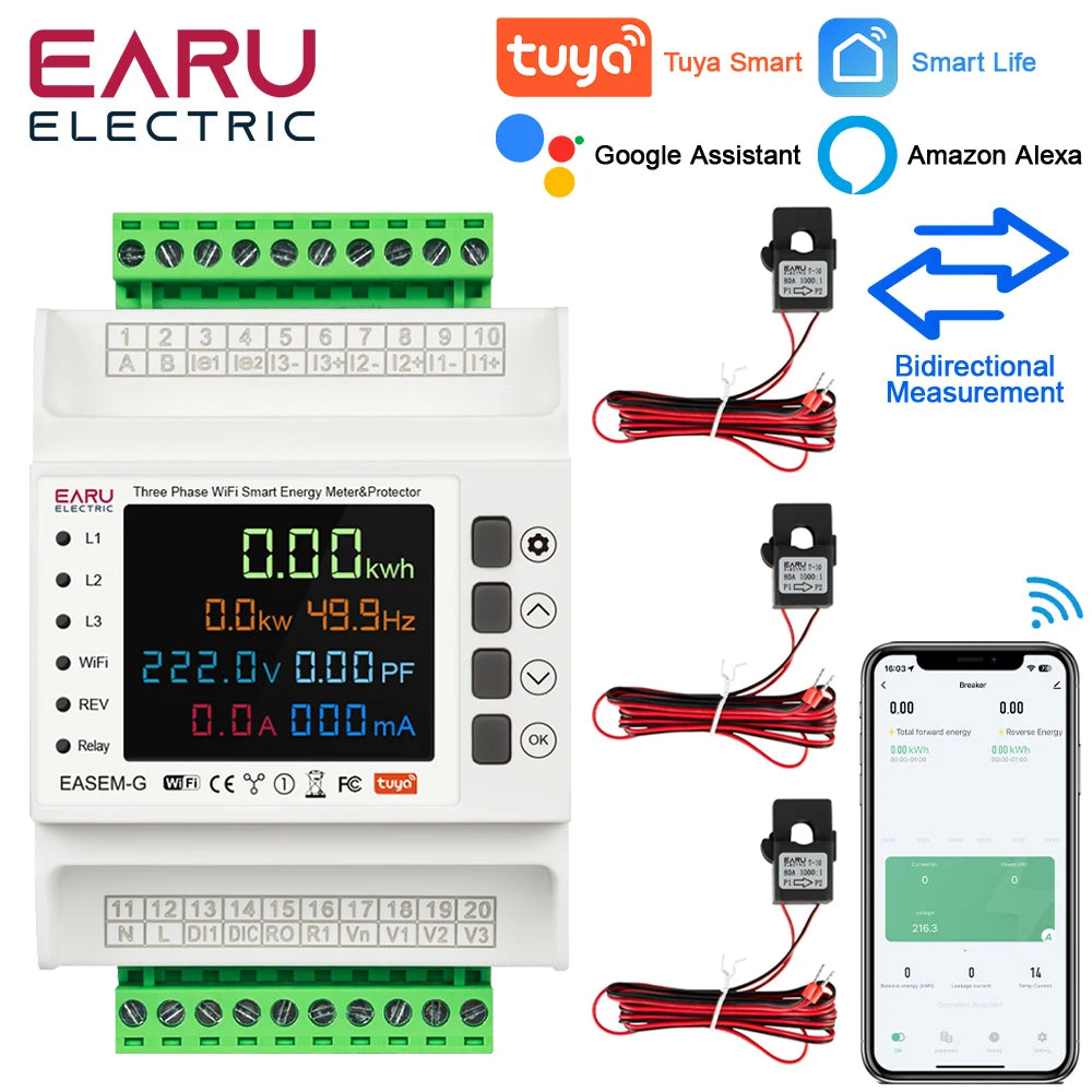 Three Phase Tuya WiFi Smart Bi-Directional Energy Meter with 3 CT Clamps Leakage Over Under Voltage Protector Relay Switch Limit