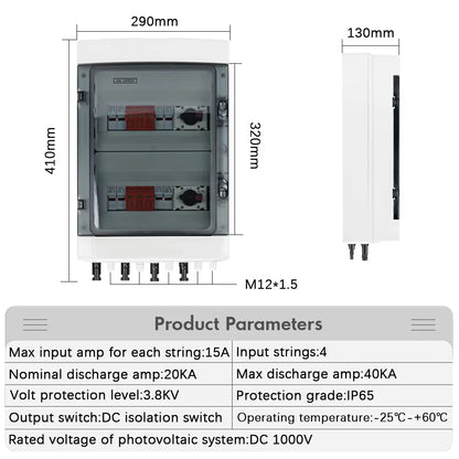 DC 1000V 4 Input 2 Output Solar Photovoltaic PV Combiner Box With Surge Lightning Protection DC Fuse MCB SPD Waterproof Box IP65