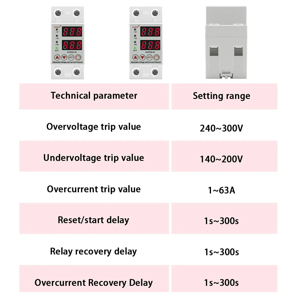 40A 63A 230V Din Rail Adjustable Over Voltage And Under Voltage Protective Device Protector Relay Over Current Protection Limit