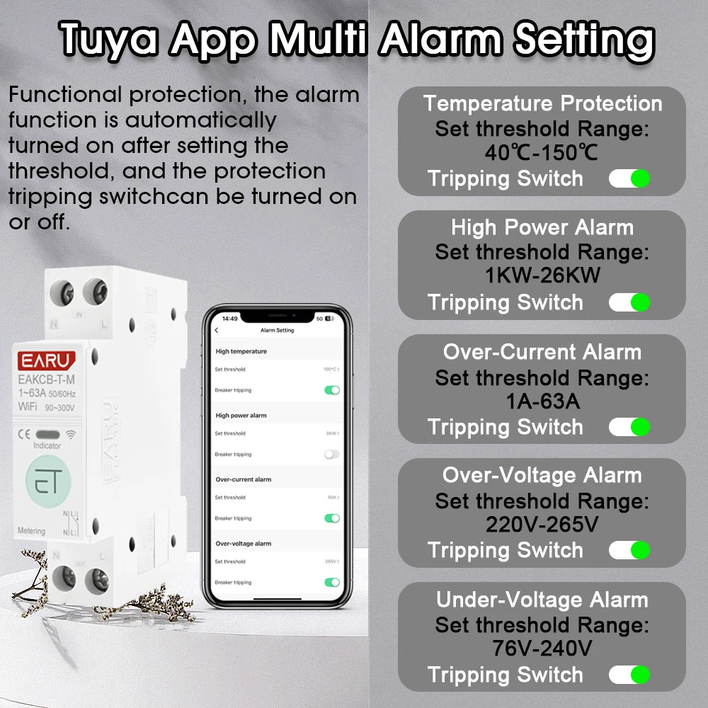 Tuya eWeLink WiFi Smart Circuit Breaker MCB 1P+N 63A Time Relay Switch Energy Meter kWh Voltage Current Protector Remote Control