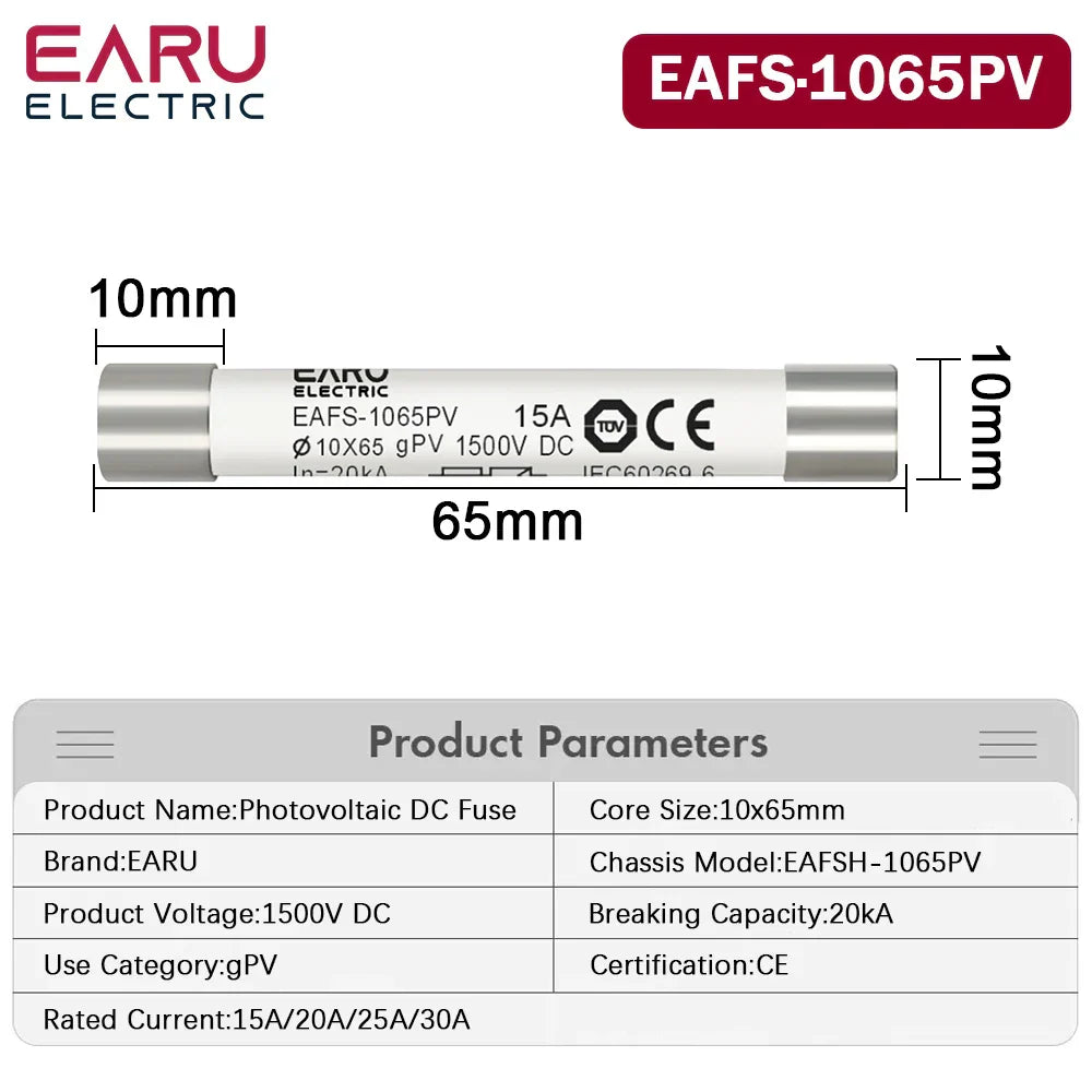1PCS Solar DC 1000V DC 1500V PV Fuses 6A 10A 15A 20A 25A 30A 32A 50A High Voltage for Solar System Short Circuit Protection gPV