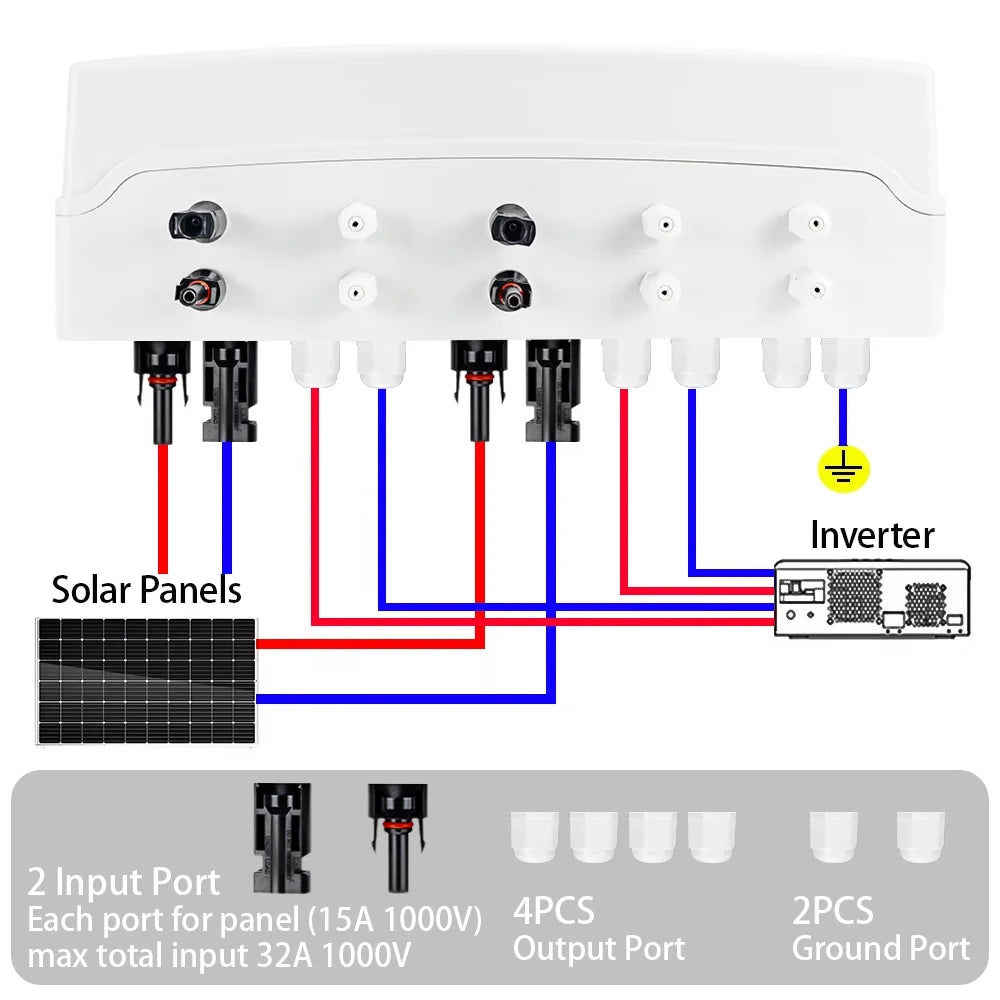 DC 1000V 2 Input 2 Output Solar Photovoltaic PV Combiner Box With Surge Lightning Protection DC Fuse MCB SPD Waterproof Box IP65