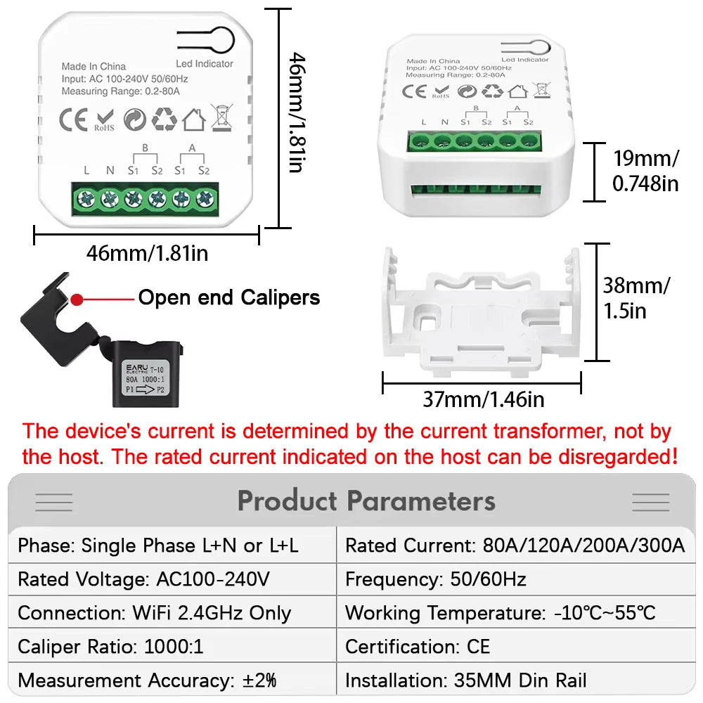 Tuya Smart WiFi Energy Meter with 1/2 CT Clamps for Solar PV System Power Production Consumption Bidirectional Monitoring Meter