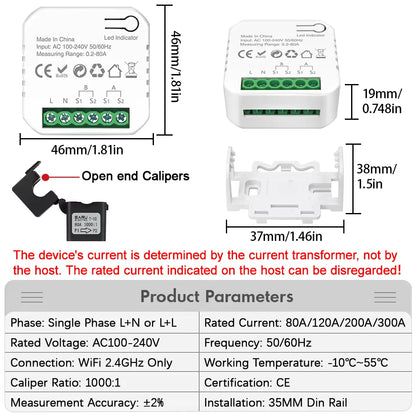 Tuya Smart WiFi Energy Meter with 1/2 CT Clamps for Solar PV System Power Production Consumption Bidirectional Monitoring Meter