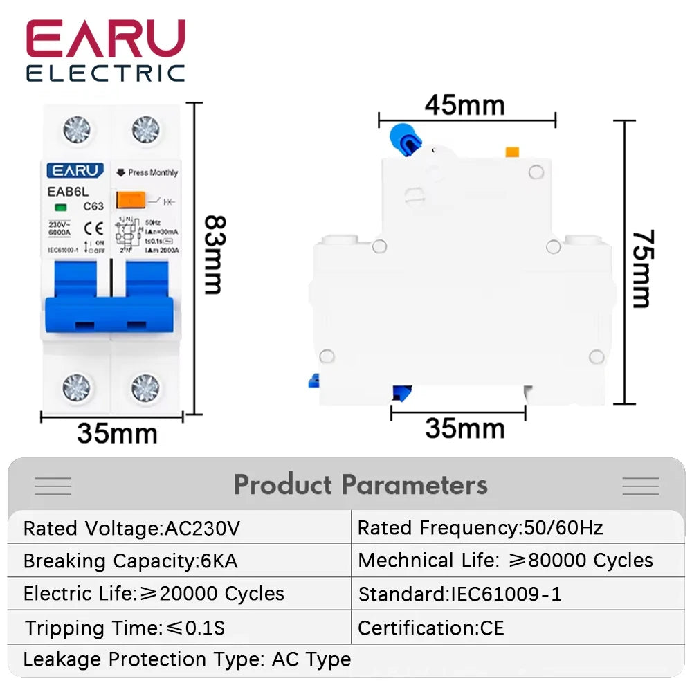 2P Type C AC230V MCB Leakage Protector RCBO Overload Short Circuit Protection Residual Current Circuit Breaker Switch RCCB RCD