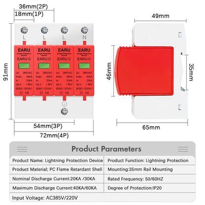 AC 385V SPD 1P 2P 3P 4P 20KA 30KA 40KA 60KA House Lightning Surge Protector Protective Solar PV Low-Voltage Arrester Device