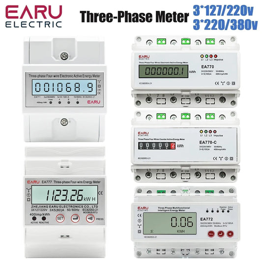 Three Phase Four Wires Eelectronic Active Energy Meter kWh Power Consumption Monitor DIN Rail 50/60Hz 3*5(100)A 50/60Hz  LCD LED