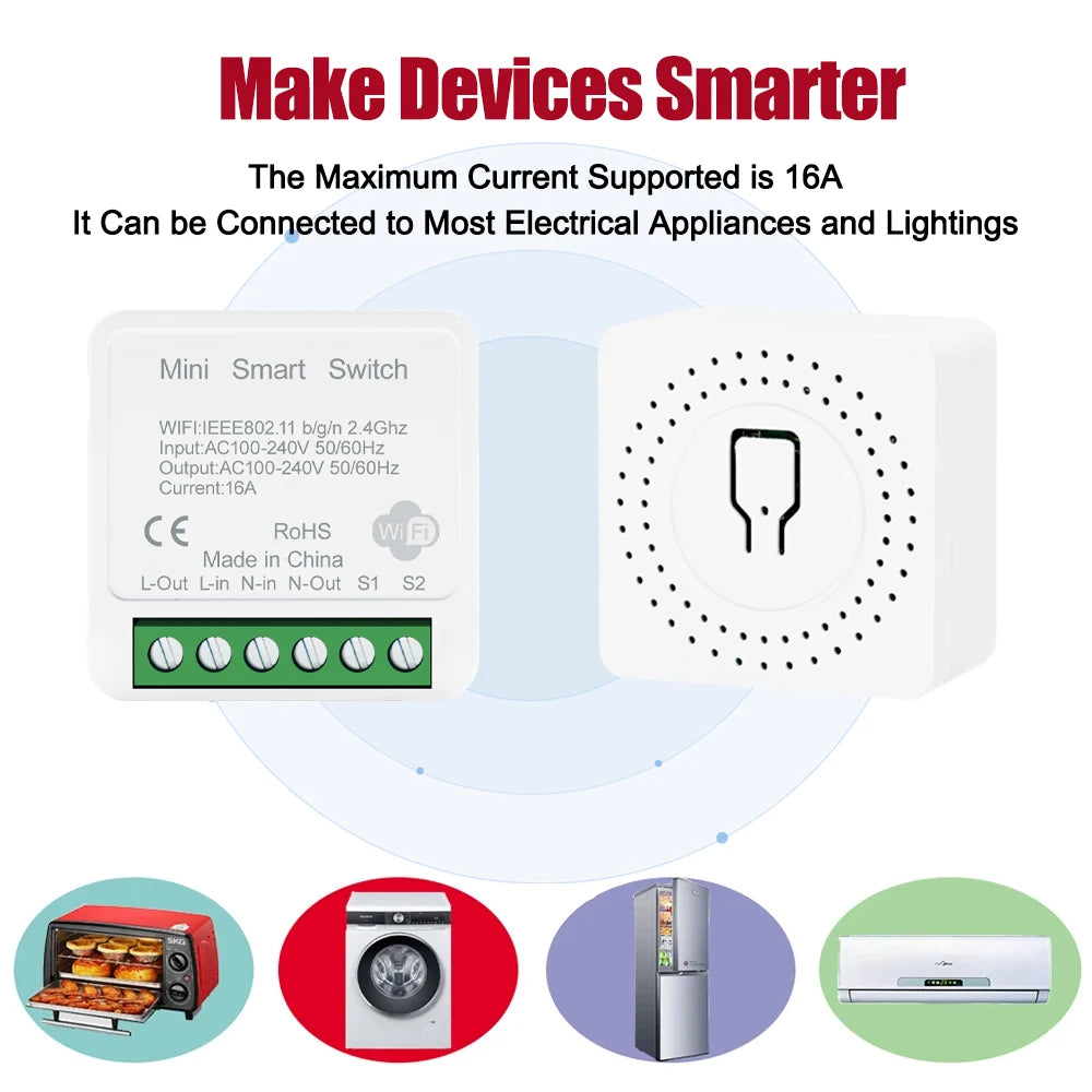 Tuya App 16A 2 Way DIY Mini WiFi Smart Switch Breaker Module Timer Relay Voice Wireless Remote Control for Alexa Google Home