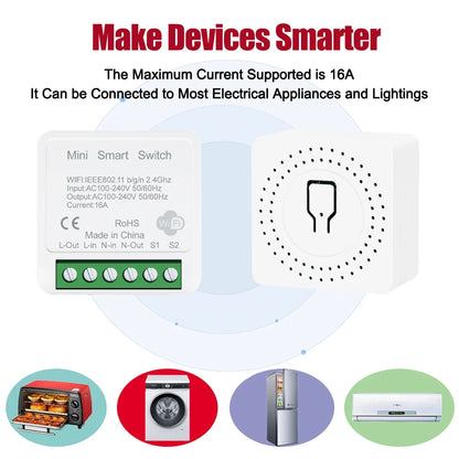 Tuya App 16A 2 Way DIY Mini WiFi Smart Switch Breaker Module Timer Relay Voice Wireless Remote Control for Alexa Google Home