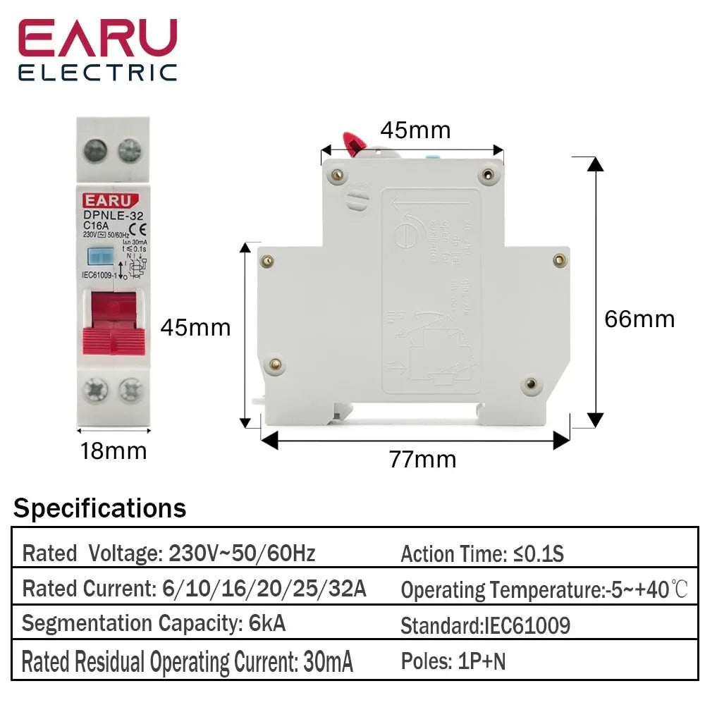 18MM RCBO Type AC Residual Automatic Circuit Breaker 6KA 1P+N 2P 16A 20A 230V With Over Current Leakage Protection 30mA EKL9-40