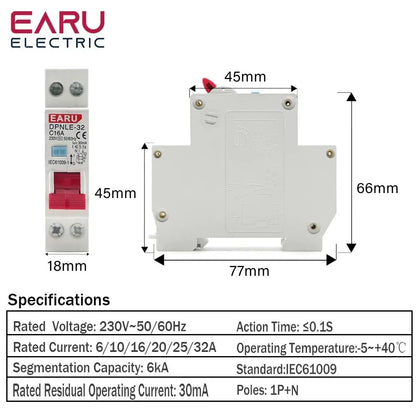 18MM RCBO Type AC Residual Automatic Circuit Breaker 6KA 1P+N 2P 16A 20A 230V With Over Current Leakage Protection 30mA EKL9-40