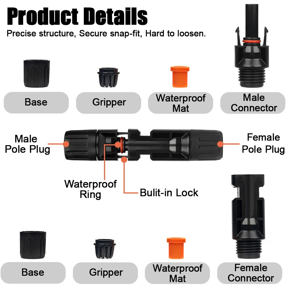5 Pairs Connectors DC 1000V 30A Panel Branch PV Photovoltaic Wire/Board Terminal Box Inverter IP67 Waterproof and Spanner